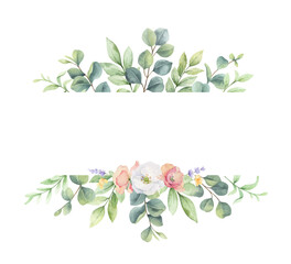 Watercolor vector banner of green branches and wildflowers.