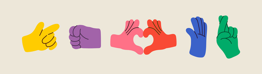Obraz premium Cartoon hands abstract drawn comic. Set of Hand multicolored different signs and symbols. Drawing style. Vector illustration