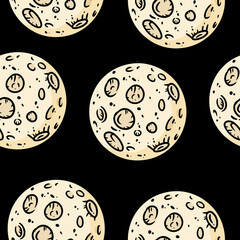 Full moons seamless border pattern. Cute cartoon doodles wallpaper. Vector repeatable background tile. Cozy craft template of stock illustration for wrapping design
