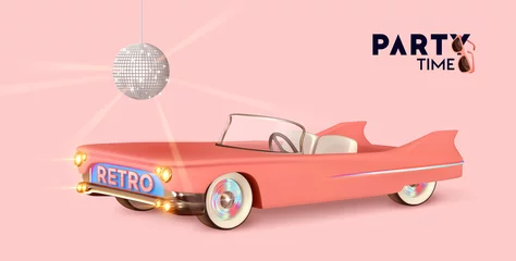  Party time. Retro convertible car pink color. Vintage Luxury stylish car with an open top. Minimal poster, web banner. Disco ball Realistic 3d design of object. Vector illustration © lauritta