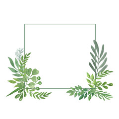 Green leaves square outline frame simple hand drawn watercolor illustration, festive greenery clipart, holiday celebration ornament for invitation, wedding or greeting cards