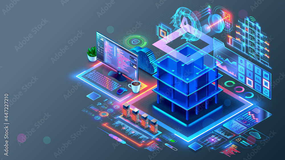 Poster Smart house system programming software. Engineering development of building construction, communication, electricity. Design in CAD programs of Smart building. AI of IOT. Architectural 3d plan.