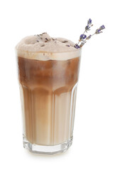 Glass of tasty lavender latte on white background