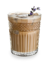Glass of tasty lavender latte on white background - obrazy, fototapety, plakaty