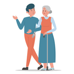 Fototapeta premium Old disabled woman walks with a young man vector isolated. Senior lady with prosthetic arm, elderly amputee. Grandmother walking with a stick. Handicapped person. Family, support and assistance.