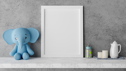 Mock up poster frame with cute elephant doll for a baby shower 3D rendering