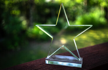 Transparent glass cup in the form of a star on a summer green background