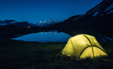 camping in the wild of Melchseefrutt with Mount Titlis