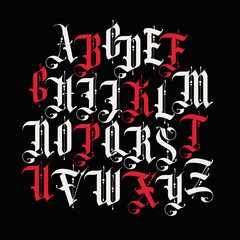 Full set of capital letters of the English alphabet in gothic style on a black background. Vintage Latin font. Vector calligraphy and lettering. Suitable for tattoo, monogram, label, headline, poster