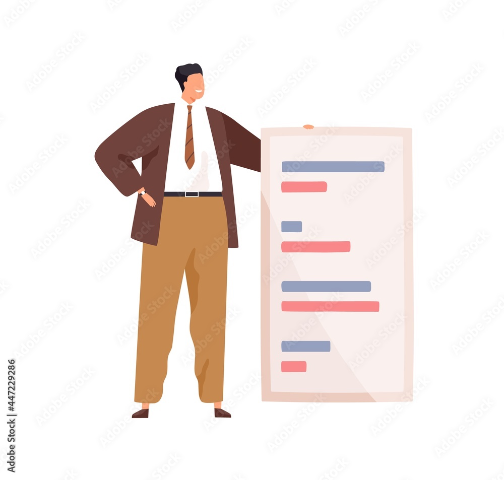 Poster Happy businessman standing with abstract document. Office worker presenting report and strategy. Tiny man holding business paper with plan list. Flat vector illustration isolated on white background