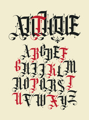 Antique font. Set of capital letters of English alphabet in vintage style. Medieval uppercase Latin letters. Vector calligraphy and lettering. Suitable for monogram, tattoo, label, headline, poster