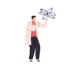 Fototapeta premium Tiny person looking at molecule model with atom and orbits. Scientist studying physics and chemistry. Concept of scientific research. Colored flat vector illustration isolated on white background