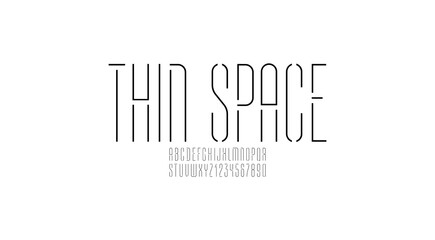 Font from ultra thin black line, stencil alphabet, modern condensed letters and numbers, vector illustration 10EPS