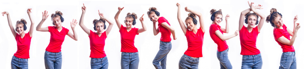 Youth Lifestyle. Composite Image of Positive Young Girl In Dance Demonstrating Variety of Dancing Positions Against Pure White Background.