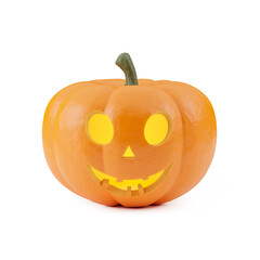 Pumpkin with scary face cut out, round eyes, orange color, isolated on white. Jack o lantern, Halloween decoration. 3d render.