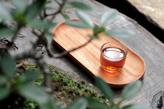Romantic morning. Wooden tea table, tea cup. Interior green tones. High quality photo