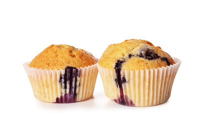 Tasty blueberry muffins on white background
