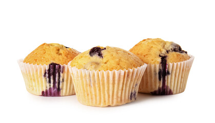 Tasty blueberry muffins on white background