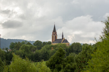 Zabytkowa katedra wśród drzew panorama z oddali - obrazy, fototapety, plakaty