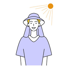熱中症対策 太陽の下でバックシェード付きのUVカットの帽子をかぶっている笑顔の可愛い男性 イラスト シンプル ベクター