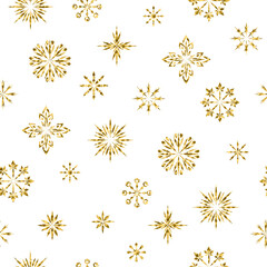 Seamless pattern. Snowflakes with golden glitter isolated on white background. Texture for print, wallpaper, home decor, textile, package design