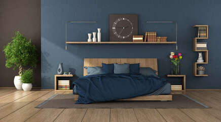 Blue modern bedroom with wooden double bed