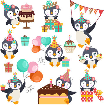 Fun package of happy birthday party penguin set digital elements