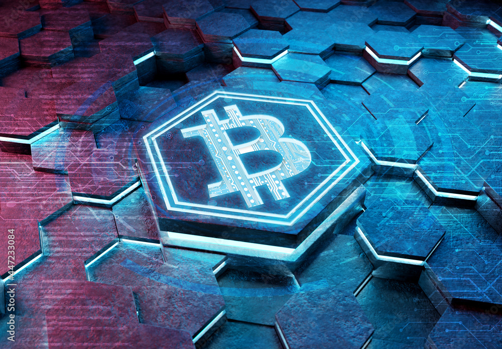 Poster Bitcoin icon creativity concept engraved on metal hexagonal pedestral background. Crypto currency symbol glowing on abstract digital surface. 3d rendering