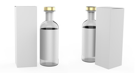 Bottle Mockup with box isolated white background. 3d illustration