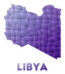 Map of Libya. Low poly illustration of the country. Purple geometric design. Polygonal vector illustration.
