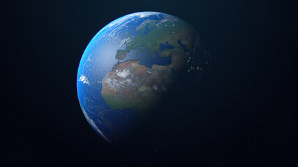 Realistic planet Earth with clouds in space. Earth globe with day and night hemisphere on the background of the stars. View from space at Europe, Africa, Asia. 3D illustration