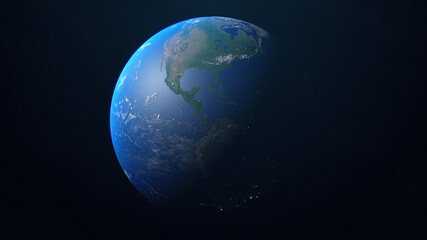 Fototapeta na wymiar Realistic planet Earth with clouds in space. Earth globe with day and night hemisphere on the background of the stars. View from space at America. 3D illustration
