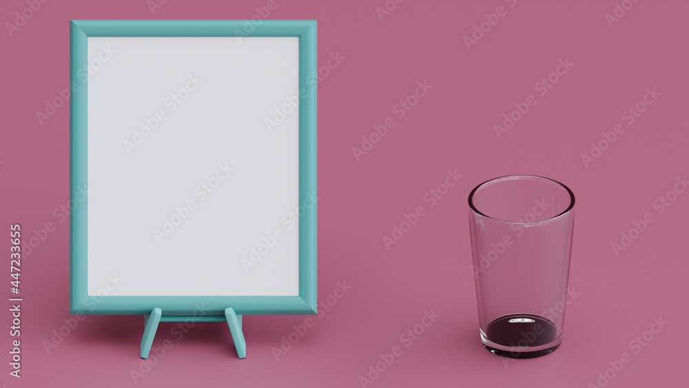 Poster 3d rendering of a blank board with an empty glass on the side on a pink background