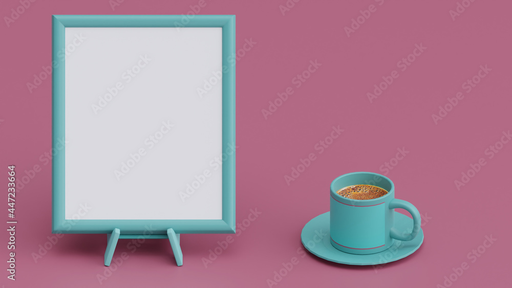 Poster 3d rendering of a blank board with a cup of coffee on the side
