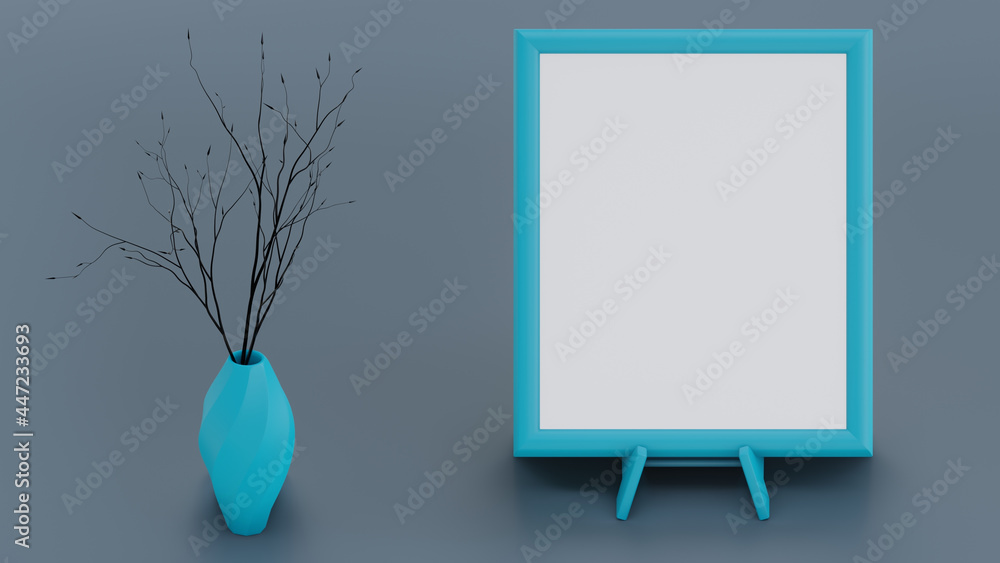 Poster 3d rendering of a blank board with a vase of plants on the side on a blue background