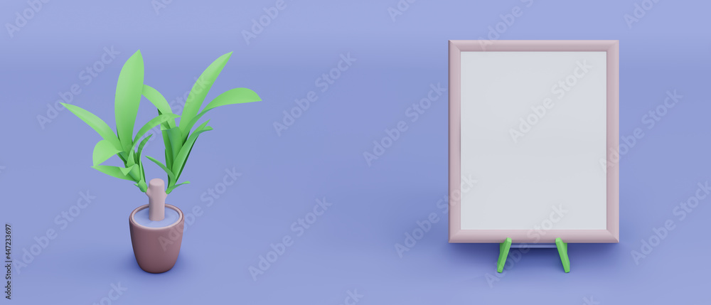 Poster 3d rendering of a blank board with a vase of plants on the side on a purple background