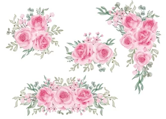 Glasschilderij Bloemen watercolor set of flower arrangement with rose pink