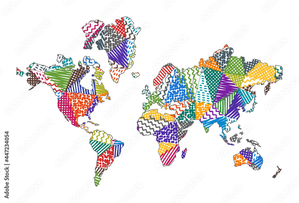 Wall mural Kid style map of The World. Hand drawn polygons in the shape of The World. Vector illustration.