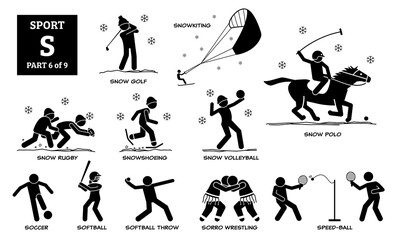 Sport games alphabet S vector icons pictogram. Snow golf, snowkiting, snow rugby, snowshoeing, snow volleyball, snow polo, soccer, softball, softball throw, sorro wrestling, and speed-ball.