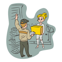 Delivery service. Male courier handing the parcel to a happy woman. Flat line design. Delivery concept, moving, handing over a box. Vector cartoon illustration characters fun