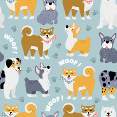 Vector seamless pattern with cute doodle different dog breeds