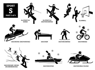 Sport games alphabet S vector icons pictogram. Slopestyle skiing snowboarding, slamball, snocross, snooker, snowboarding, snowbiking, snowboard cross, snowboating, and snowmobile racing.