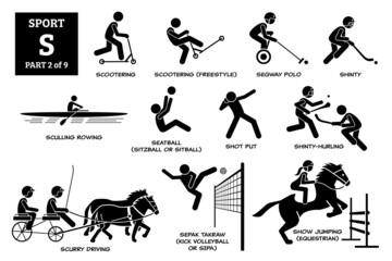 Sport games alphabet S vector icons pictogram. Scootering, scooter freestyle, segway polo, shinty, sculling rowing, seatball, shot put, shinty hurling, scurry driving, sepak takraw, and show jumping.