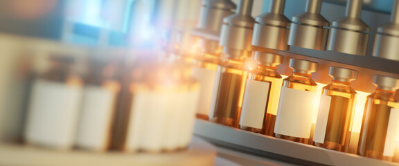 Vaccine for Macro coronavirus(covid-19) cell delta plus concept.Manufacture process of new vaccine to fight the coronavirus pandemic.vaccine Bottles on Conveyor Belt in Laboratory.3d render