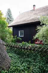 Reetgedecktes braunes Holzhaus mit weißen Fenstern