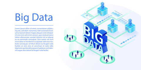 Fototapeta na wymiar Big data concept as web banner. Isometric 3d vector illustration of data center processing large amount of user data