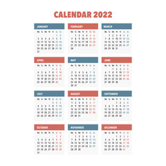 2022 Year Calendar. Week starts on Monday. Concept for print and WEB. Vector  illustration.