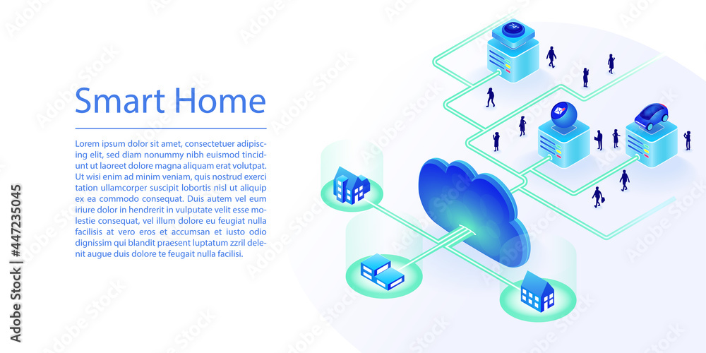 Poster smart home concept as web banner. 3d isometric vector illustration of houses and devices connected v