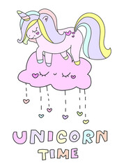 Little cute pink unicorn time text with hearts and cloud in love. Children's cartoon character pony on an isolated background.