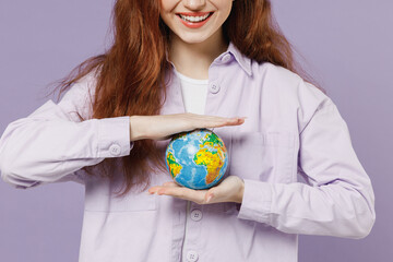 Cropped close up smiling young redhead curly green-eyed woman 20s wears white T-shirt violet jacket...